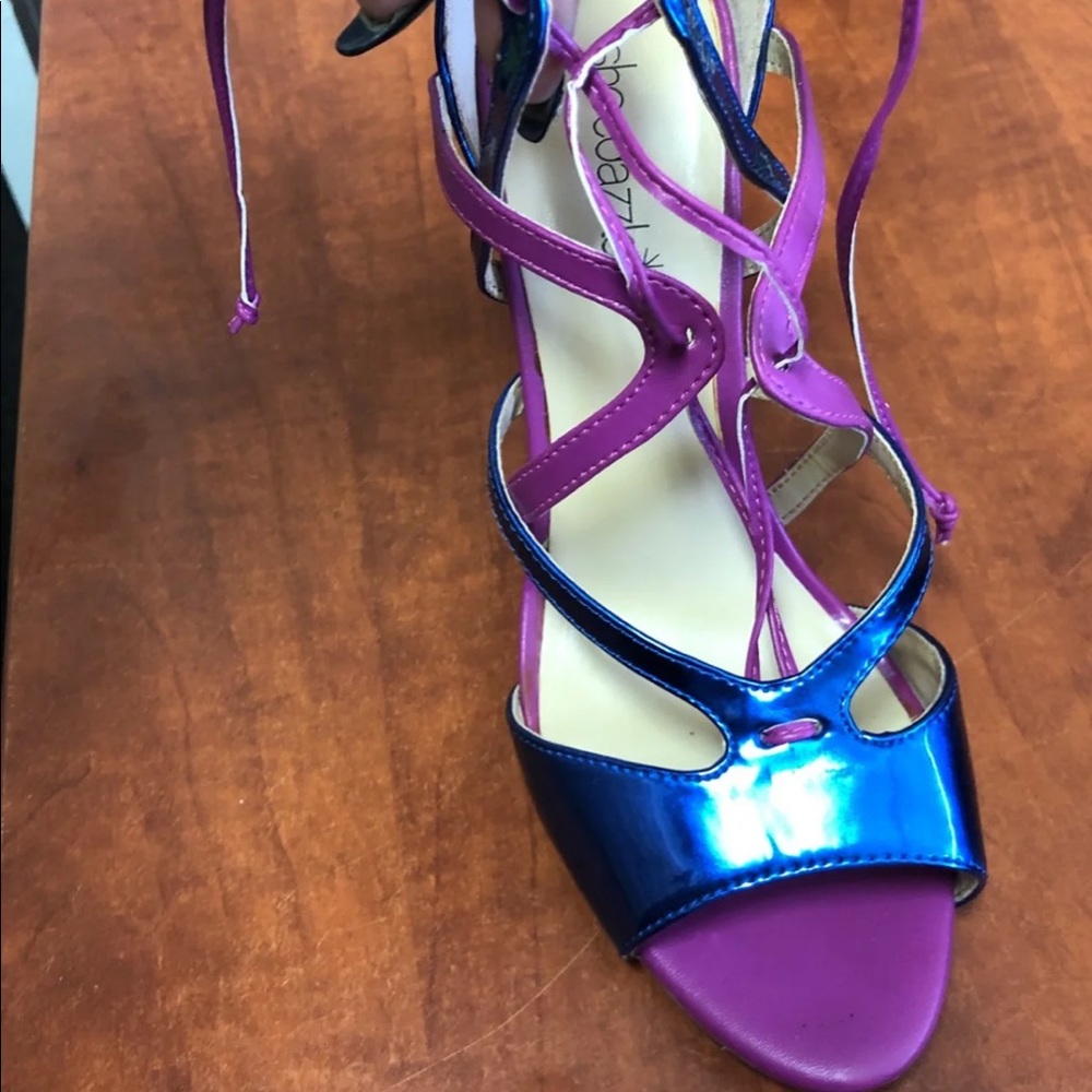 Blue and pink Stiletto  high heel sandals.